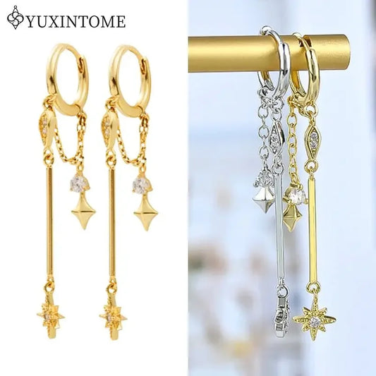 Zenat 925 Silver Star Hoop Earrings – Multi-Pendant Chain