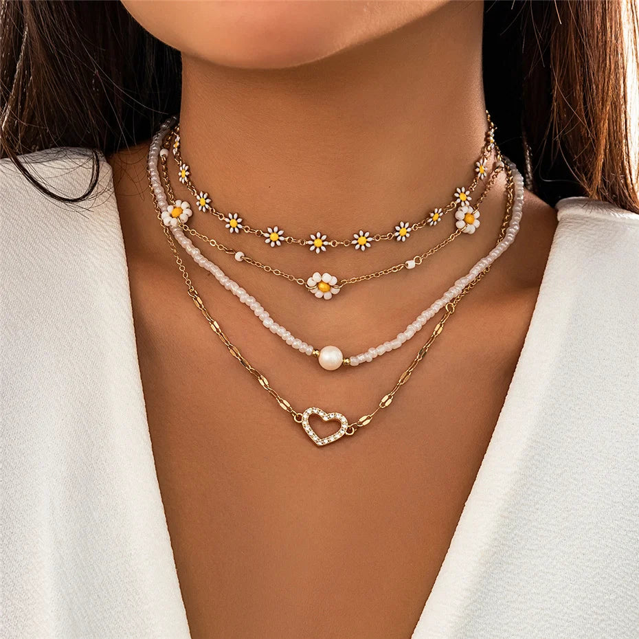 Zenat 4PC Sunflower & Heart Link Chain Jewelry Set