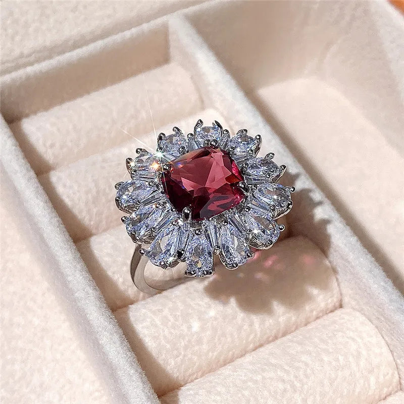 Zenat Deluxe Floral Red AAA Cubic Zirconia Gem Ring for Women