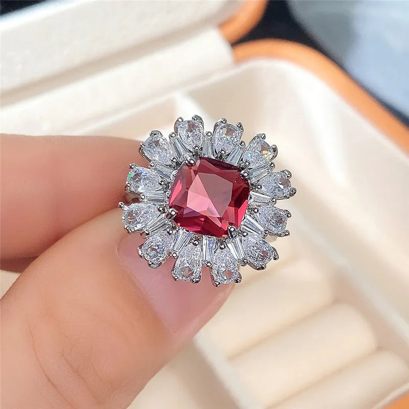 Zenat Deluxe Floral Red AAA Cubic Zirconia Gem Ring for Women