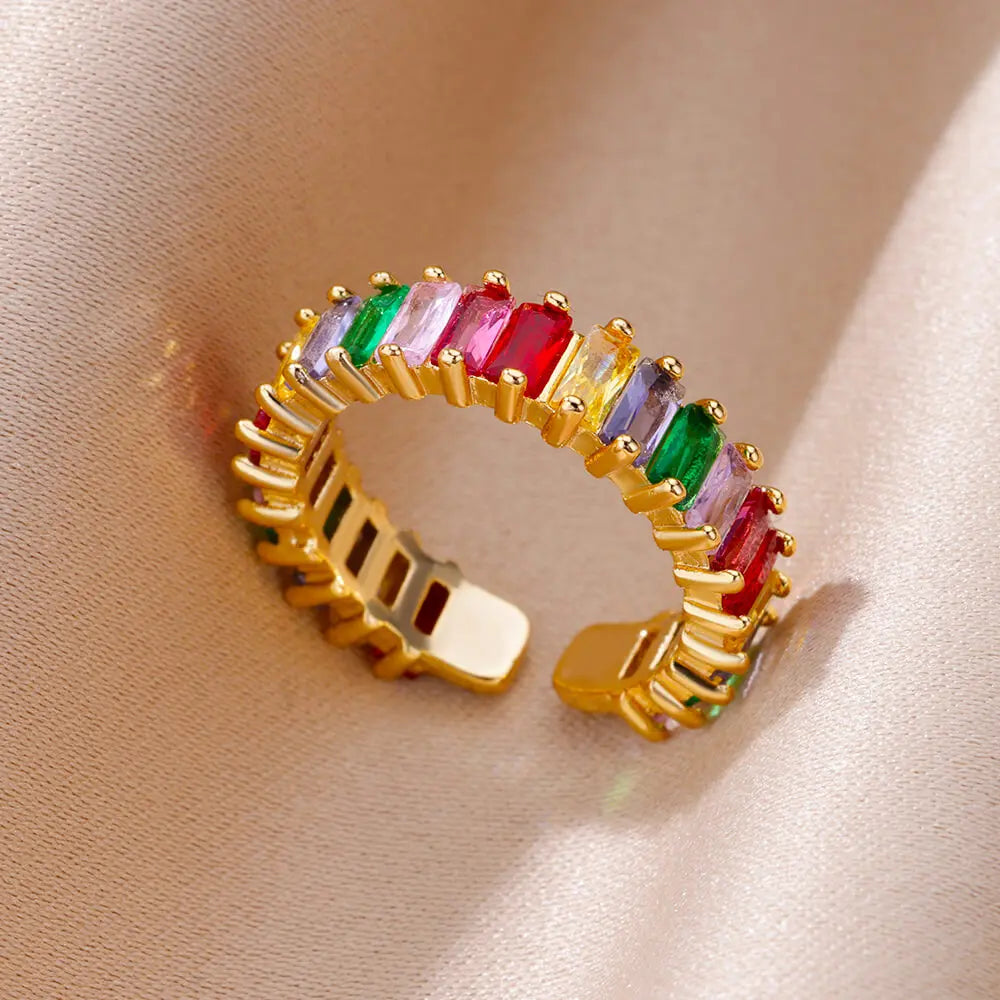 Colorful Cubic Zircon Open Ring For Women Stainless Steel Gold Color Square Rings Bohemian Romantic couple Jewelry Gifts