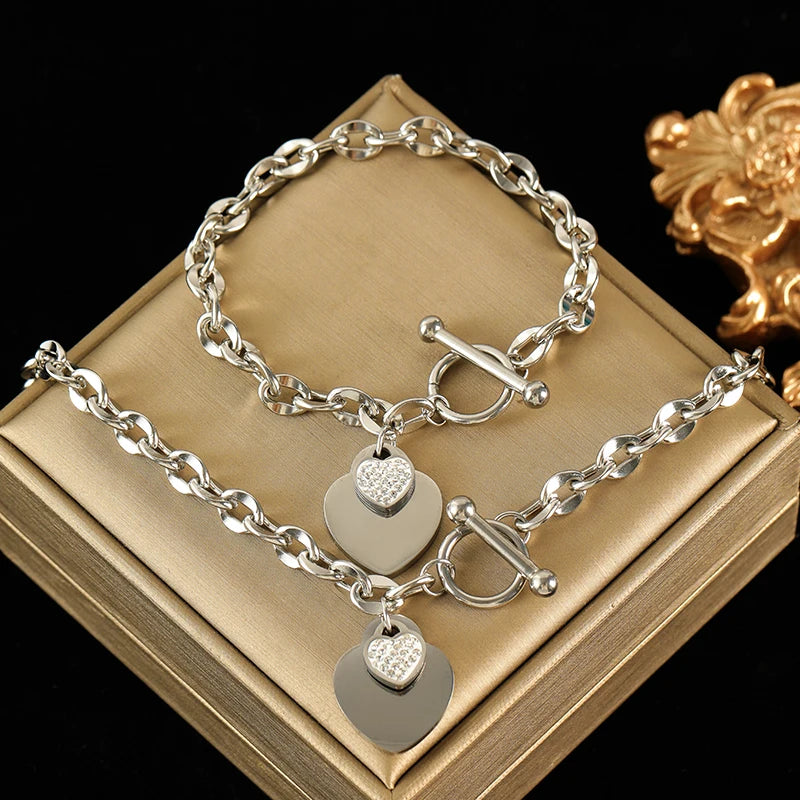 Zenat Double Heart Necklace Bracelet 316 Stainless Steel