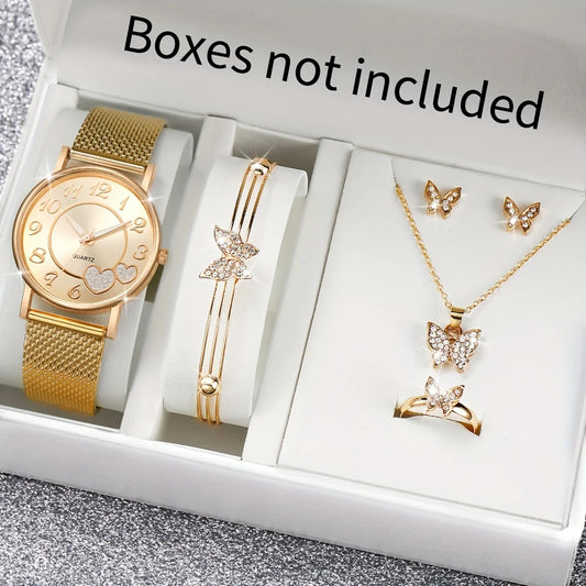 Zenat Heart Band Watch Golden Quartz Butterfly Set