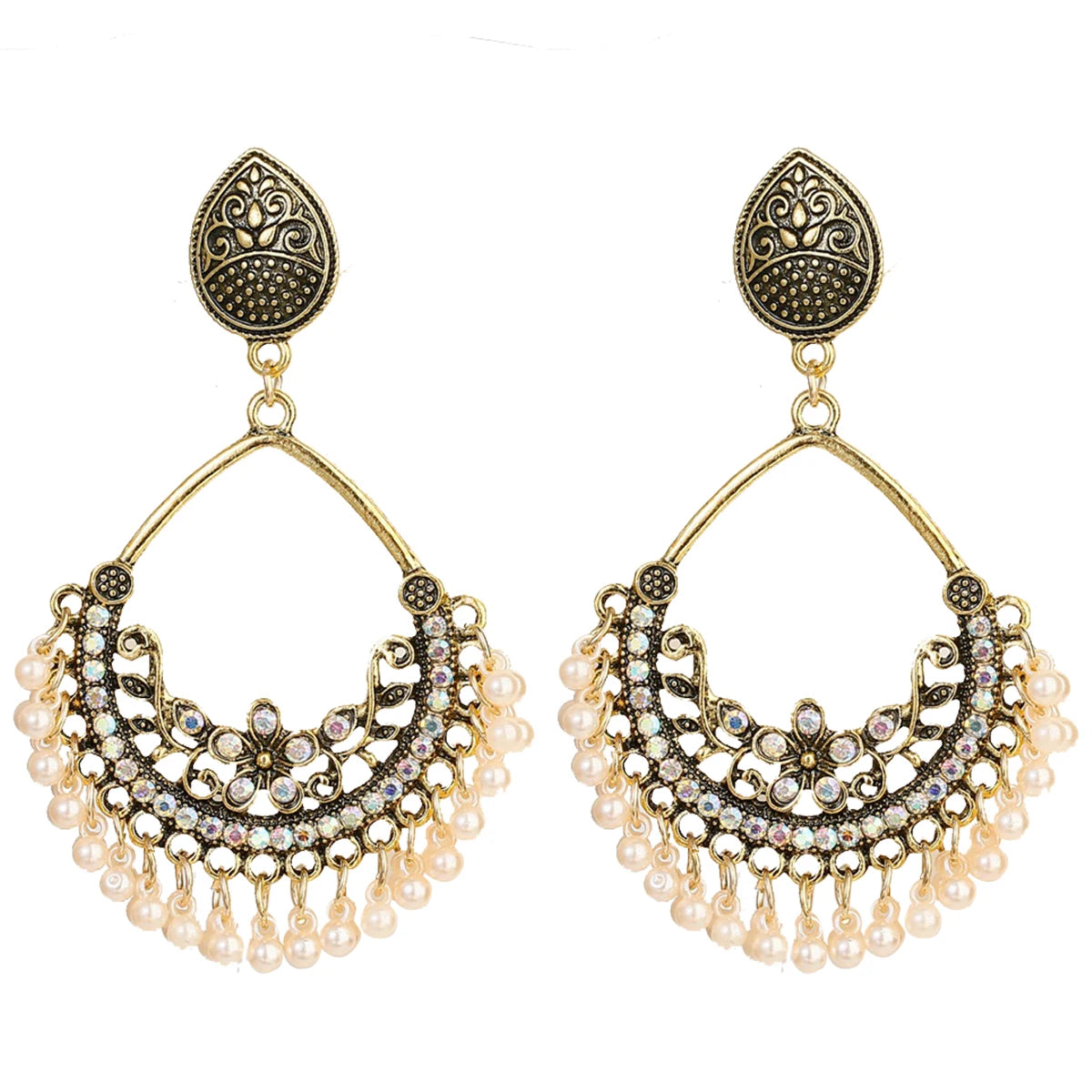 Zenat Retro Green Carved Pearl Tassel Jhumka