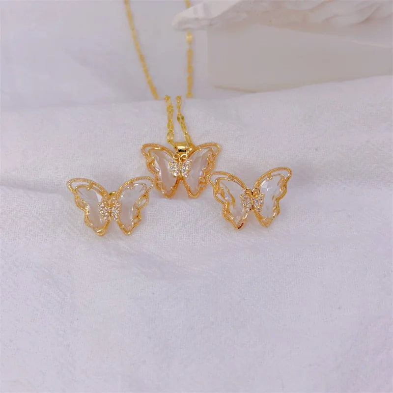 Zenat Cute Micro-Inlaid Butterfly Necklace & Earrings Set