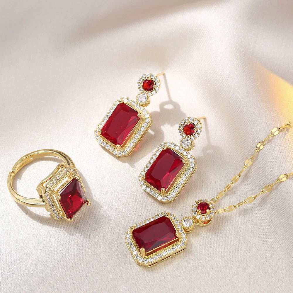 Zenat Exquisite Emerald Necklace Earrings Ring 3 Piece Set