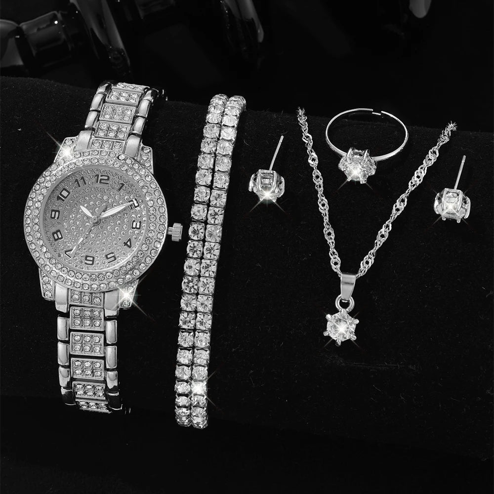 Zenat Quartz Watch Gold Luxury Ring Necklace Earring Set
