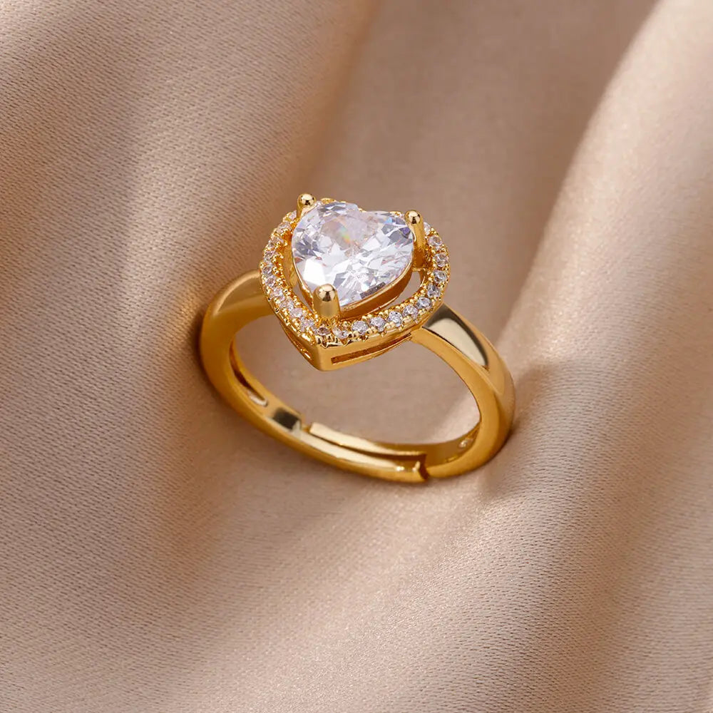 Zenat Gold Zircon Adjustable Stainless Steel Ring