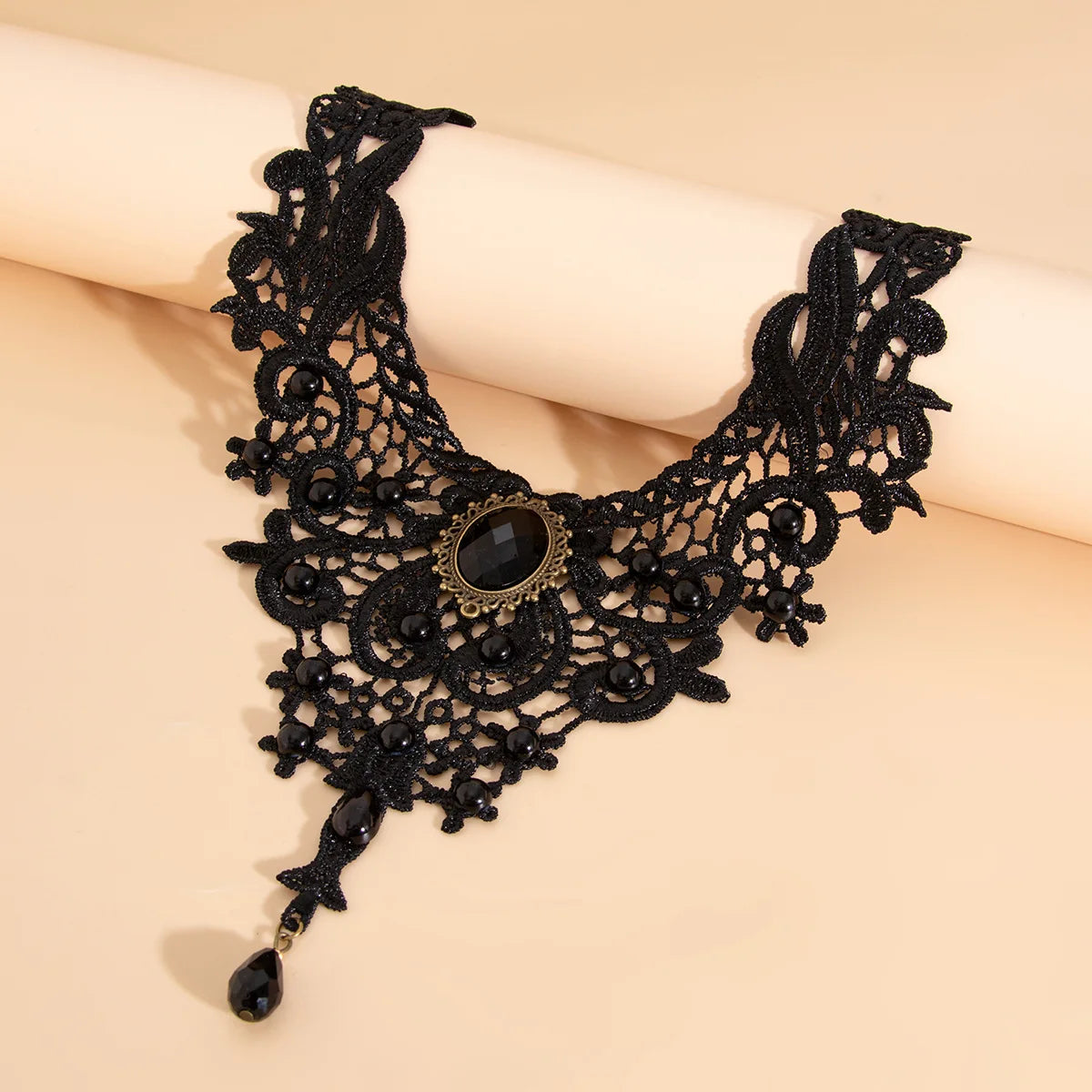 Zenat Vintage Black Lace Bead Gothic Necklace