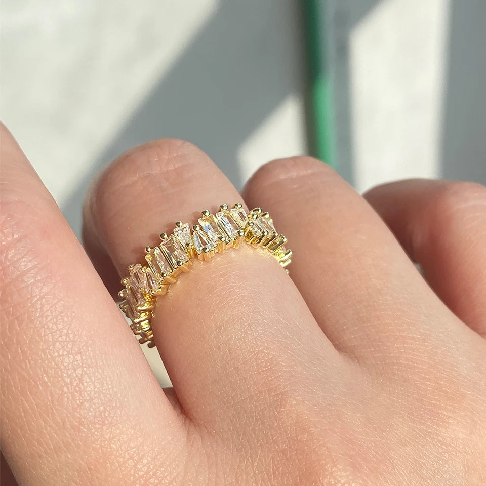 Classic Baguette Cubic Zirconia Engagement Rings for Women Luxury 18K Gold Color Plated Wedding Party Jewelry