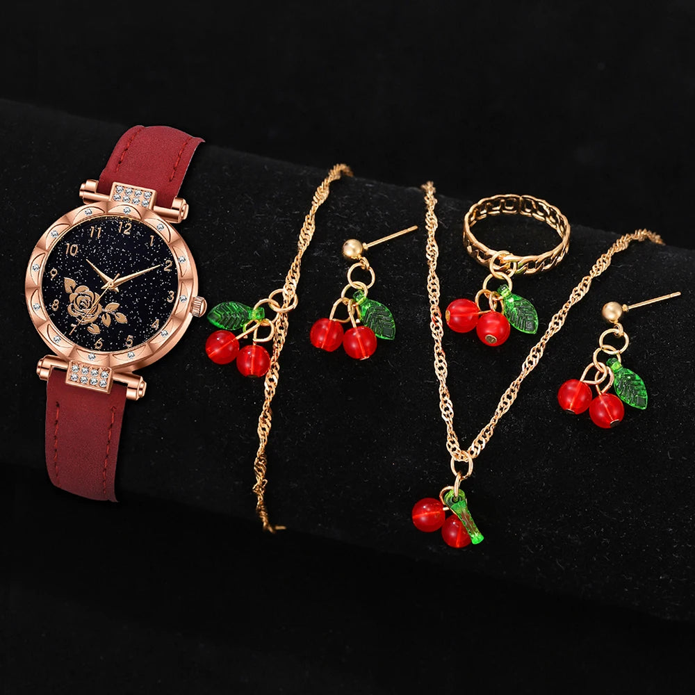 Zenat 6PCS Set Red Cherry Strap with Jewelery