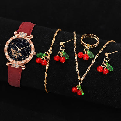 Zenat 6PCS Set Red Cherry Strap with Jewelery