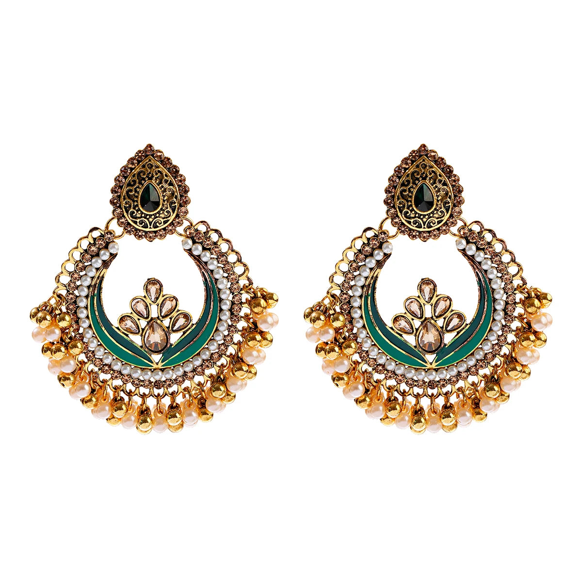 Zenat Retro Green Carved Pearl Tassel Jhumka