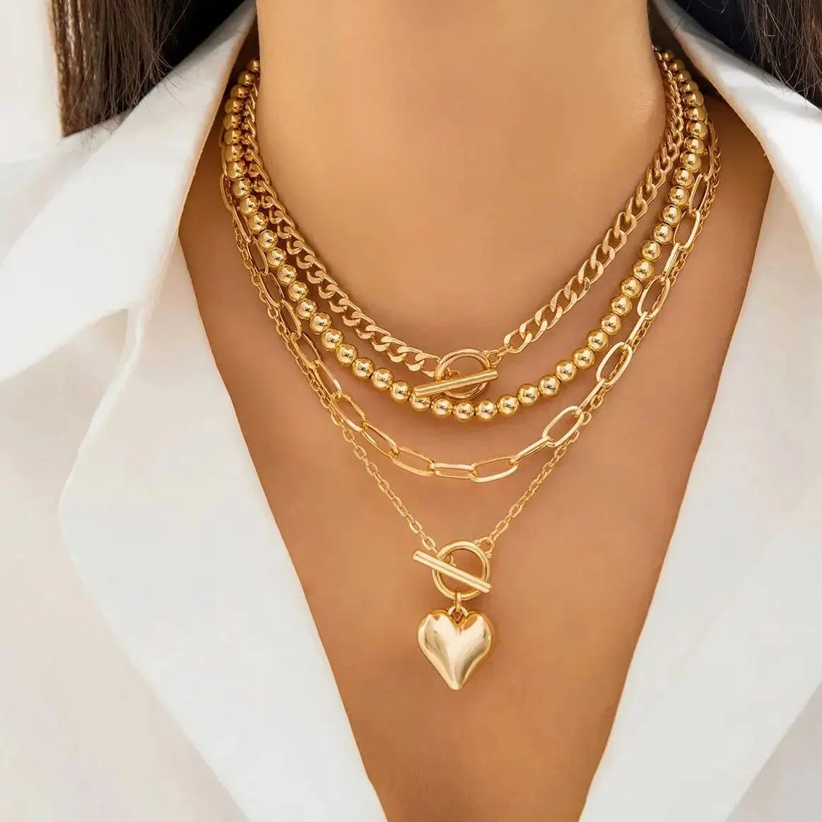 Zenat Link Chain 4Pcs/Set Gold Color Heart Pendant