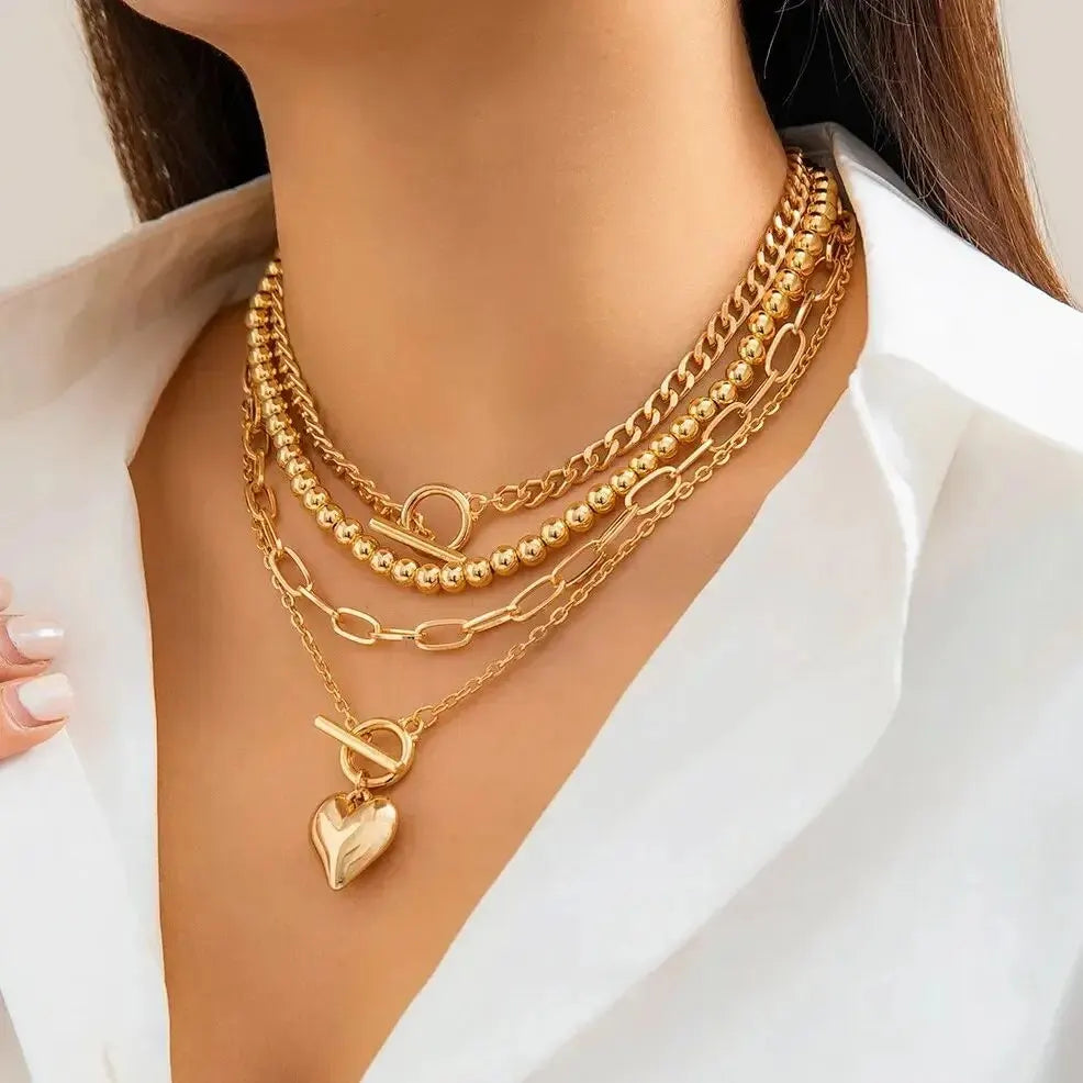 Zenat Link Chain 4Pcs/Set Gold Color Heart Pendant