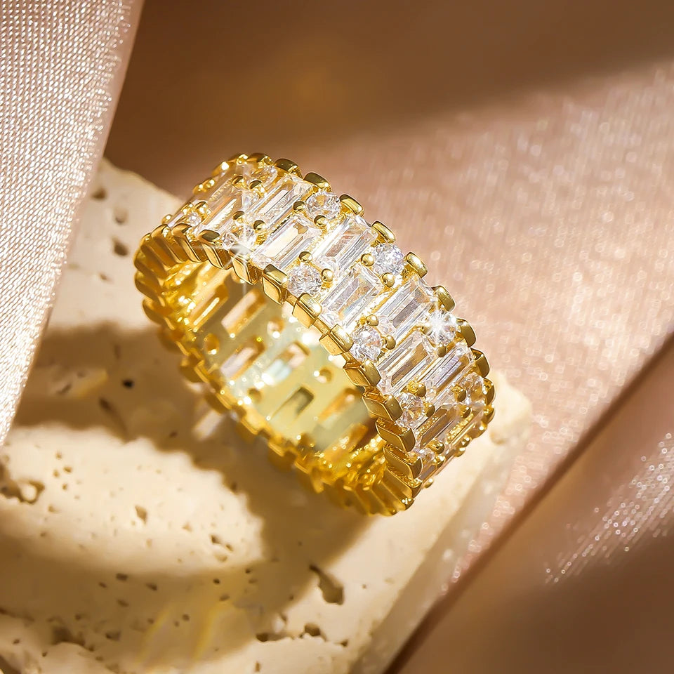Classic Baguette Cubic Zirconia Engagement Rings for Women Luxury 18K Gold Color Plated Wedding Party Jewelry