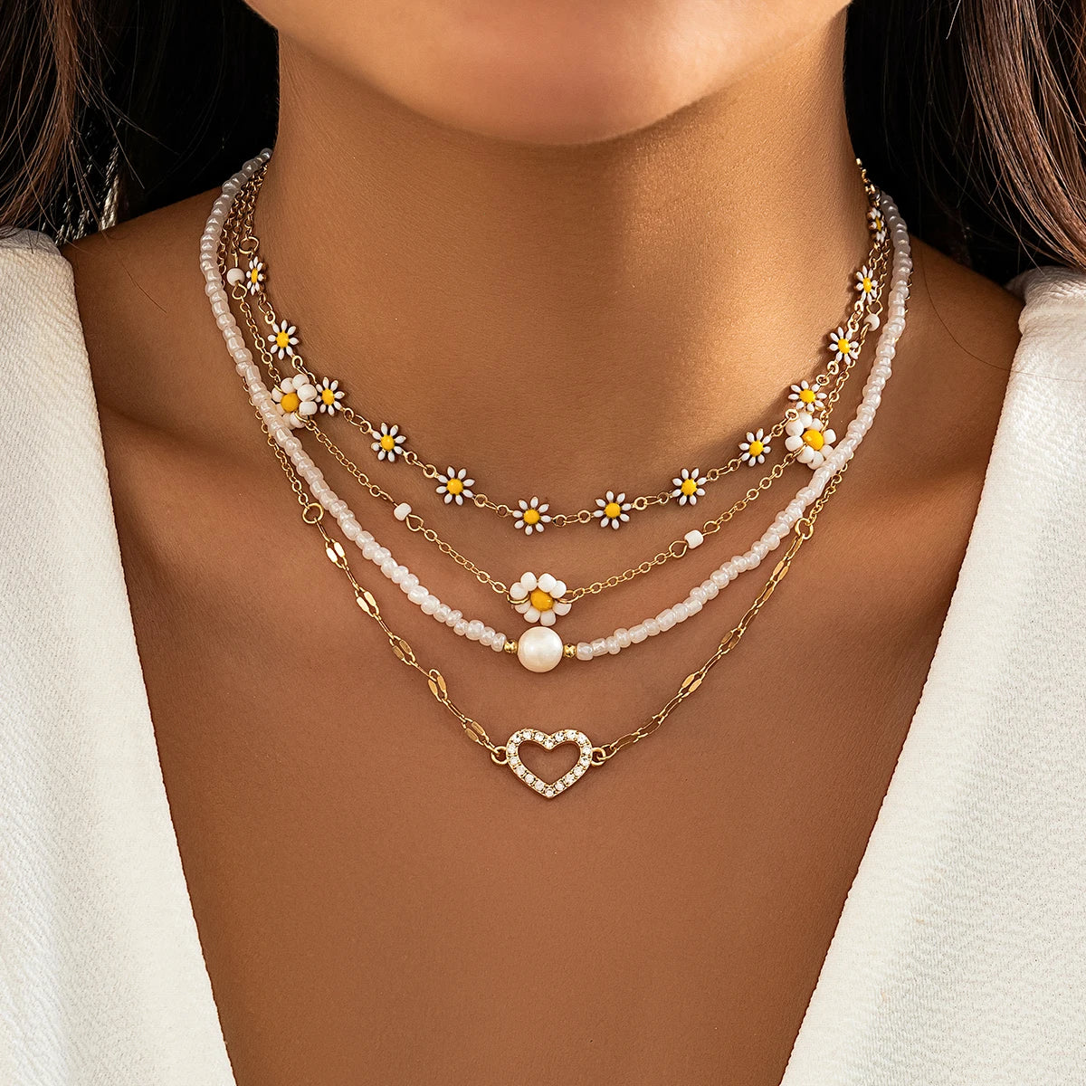 Zenat 4PC Sunflower & Heart Link Chain Jewelry Set