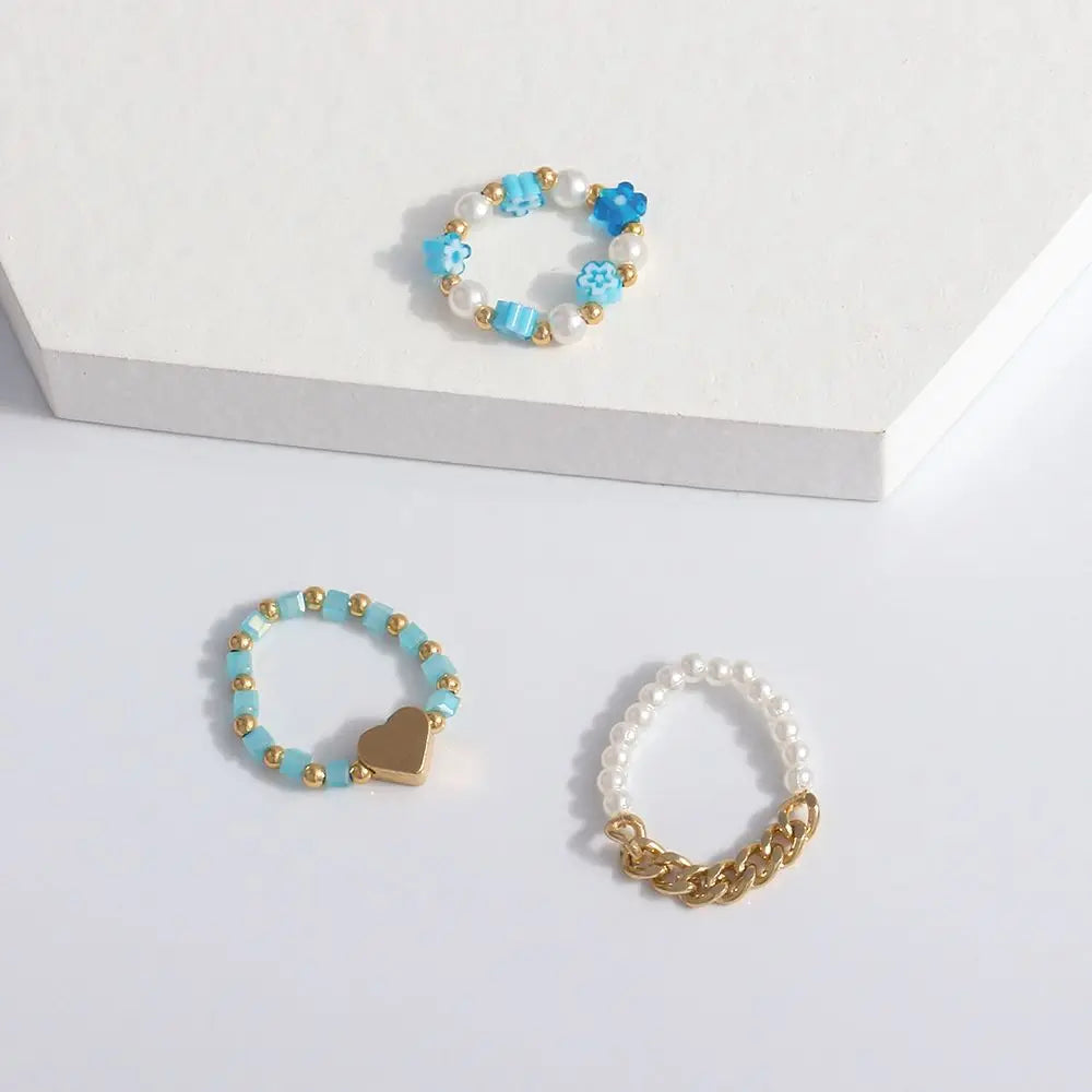 Trendy Cute Bohemia Pearl Flower Acrylic Beaded Rings Party Jewelry Finger Ring Set Women Ring