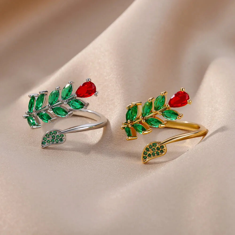 Zircon Flower Leaf Rings for Women Shine Opening Stainless Steel Ring 2024 Trend Luxury Wedding Jewelry Free Shipping anillos