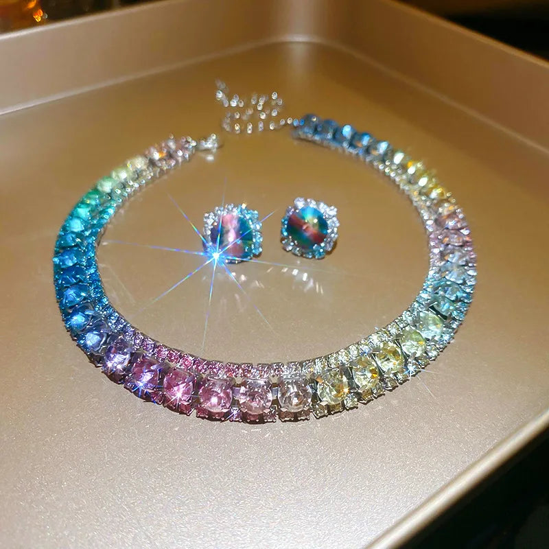 Luxury Green Rhinestone Necklace Stud Earrings For Women Crystal Choker Necklaces Ladies Fashion Weddings Banquet Jewelry Set