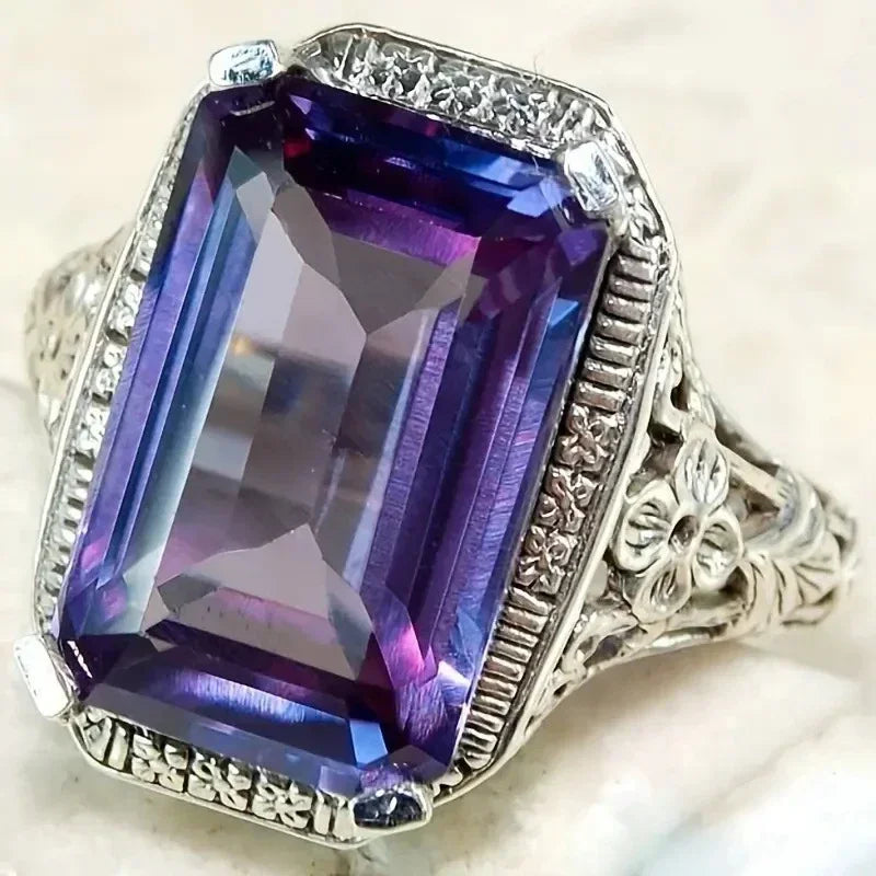 Zenat Purple Cubic Zirconia Square Crystal Ring