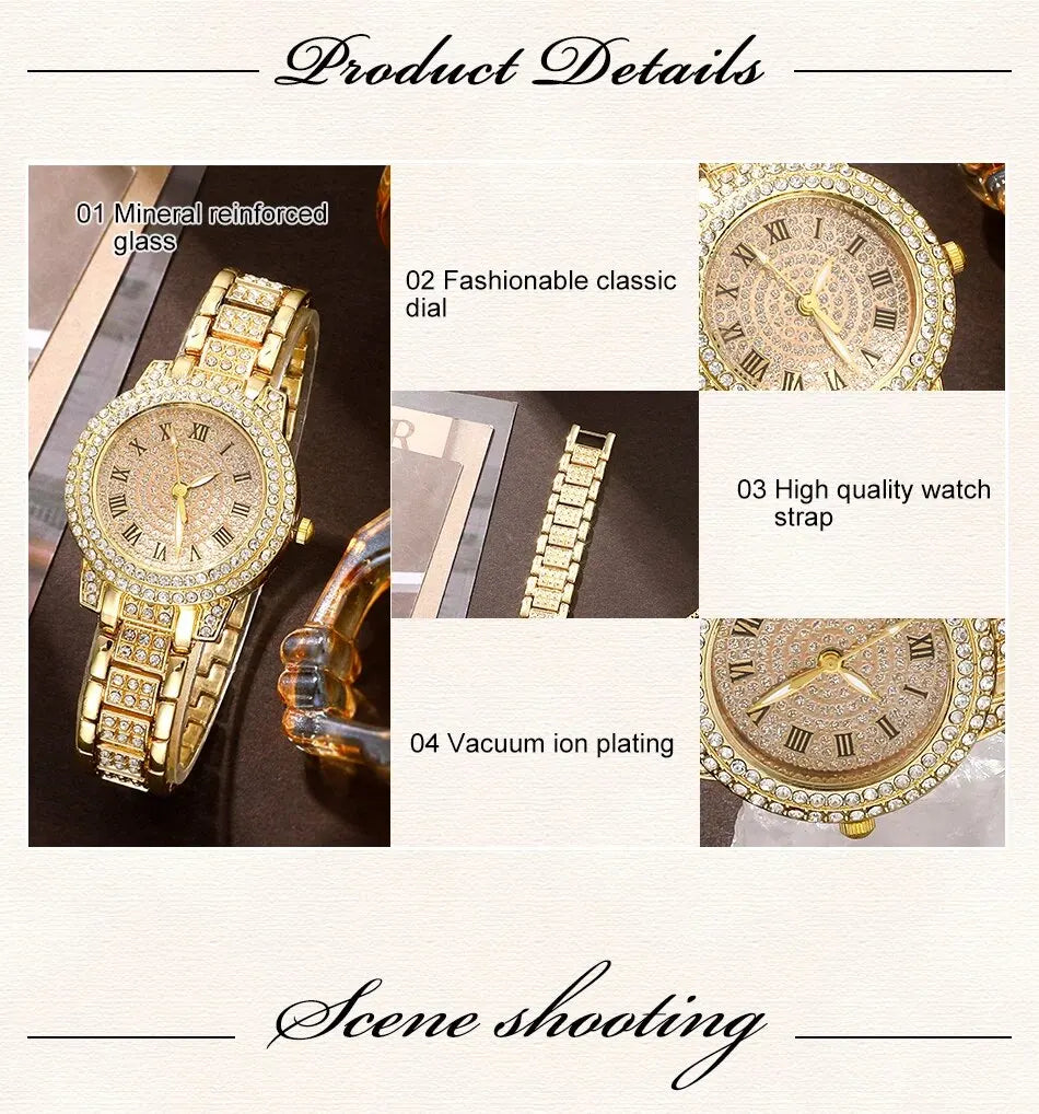 Zenat Golden Watch Ring Necklace Earrings Rhinestone Set
