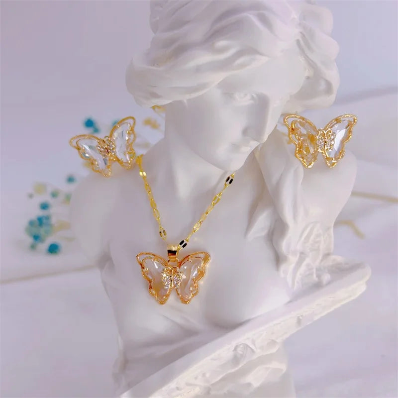 Zenat Cute Micro-Inlaid Butterfly Necklace & Earrings Set
