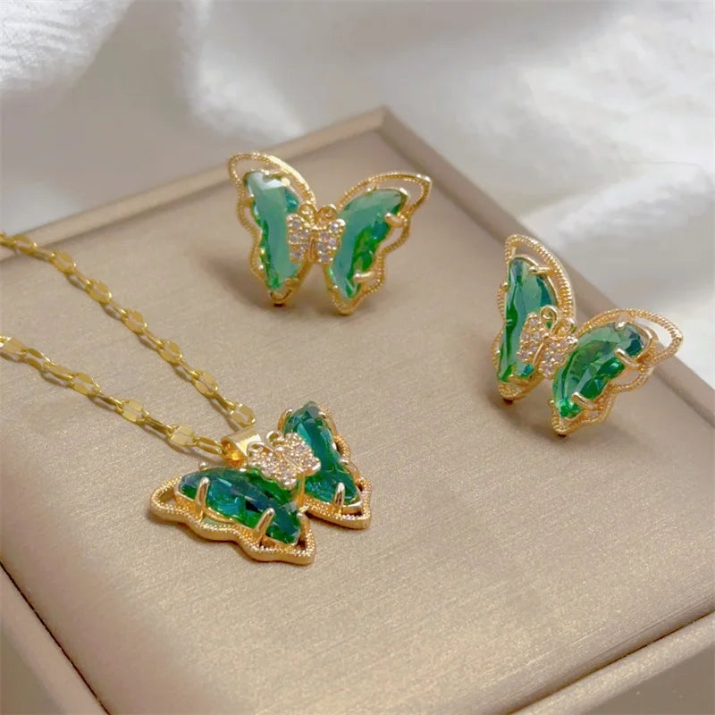Zenat Cute Micro-Inlaid Butterfly Necklace & Earrings Set