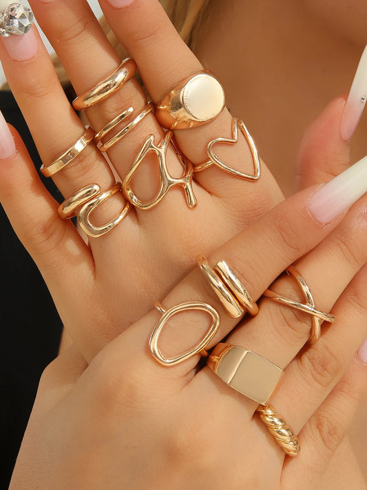 Zenat 12-Piece Metallic Smooth Rings for Women