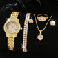 Zenat Quartz Watch Gold Luxury Ring Necklace Earring Set