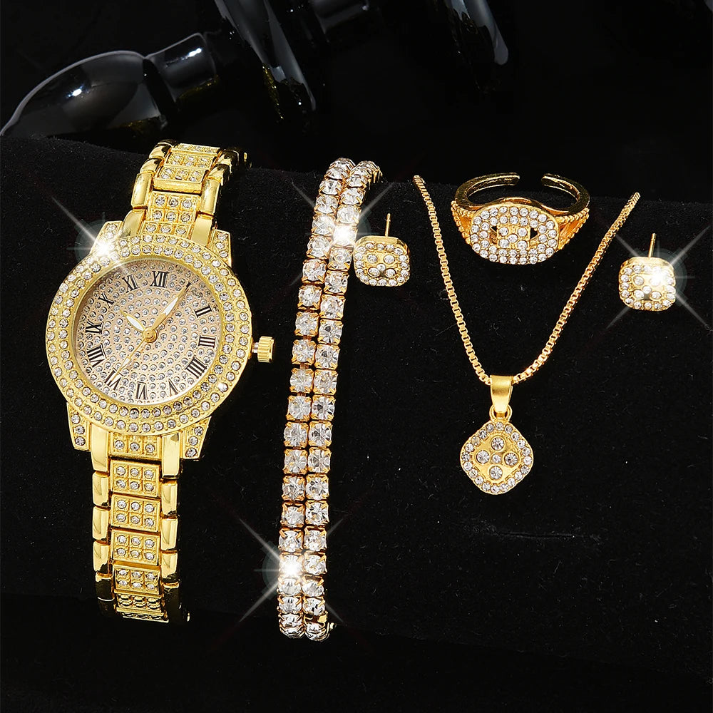 Zenat Quartz Watch Gold Luxury Ring Necklace Earring Set