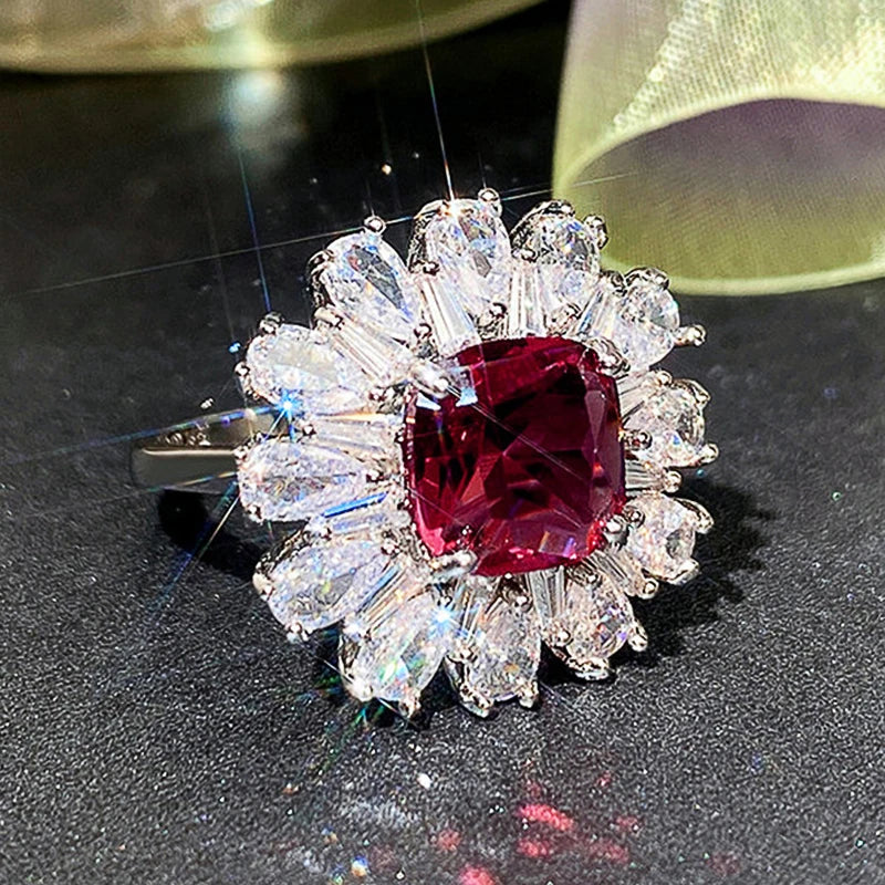 Zenat Deluxe Floral Red AAA Cubic Zirconia Gem Ring for Women