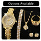 Zenat Quartz Watch Gold Luxury Ring Necklace Earring Set