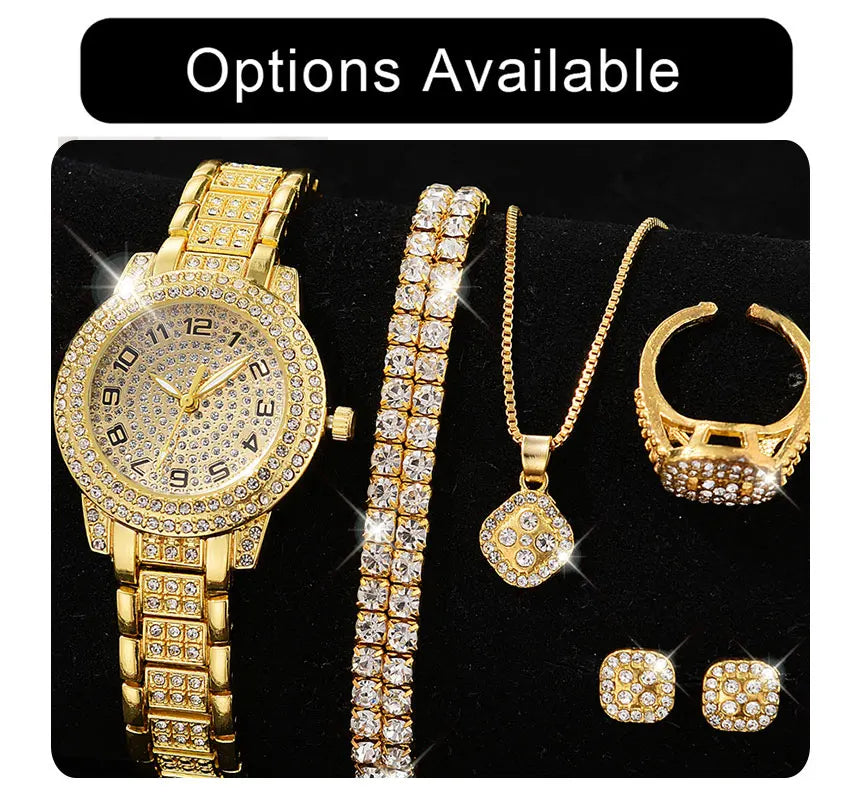 Zenat Quartz Watch Gold Luxury Ring Necklace Earring Set