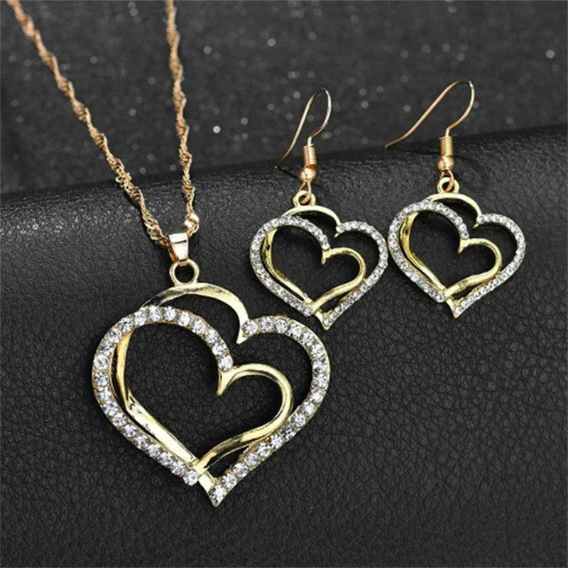 Zenat 3PC Double Heart Rhinestone Jewelry Set