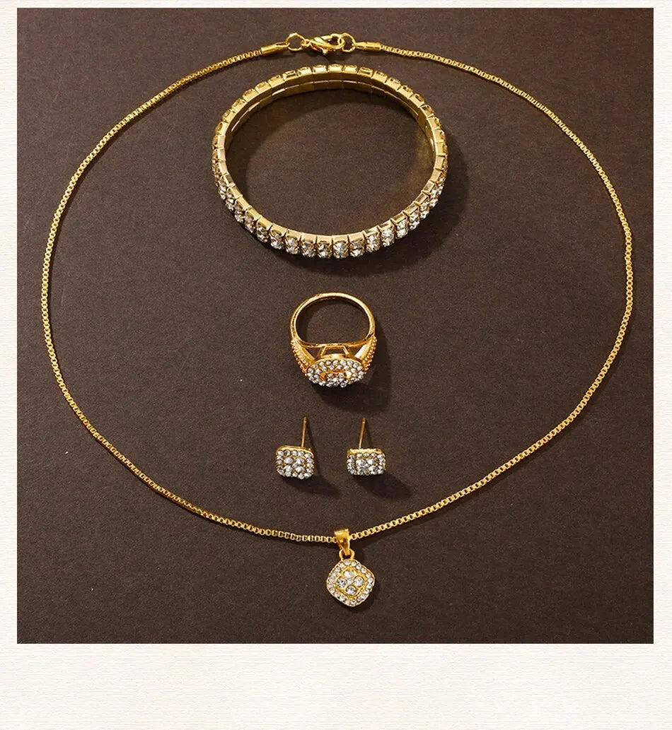 Zenat Golden Watch Ring Necklace Earrings Rhinestone Set