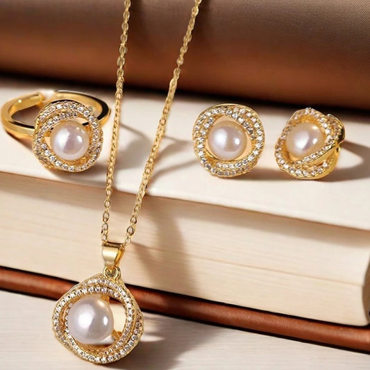 Zenat 4PC Rhinestone & Pearl Jewelry Set