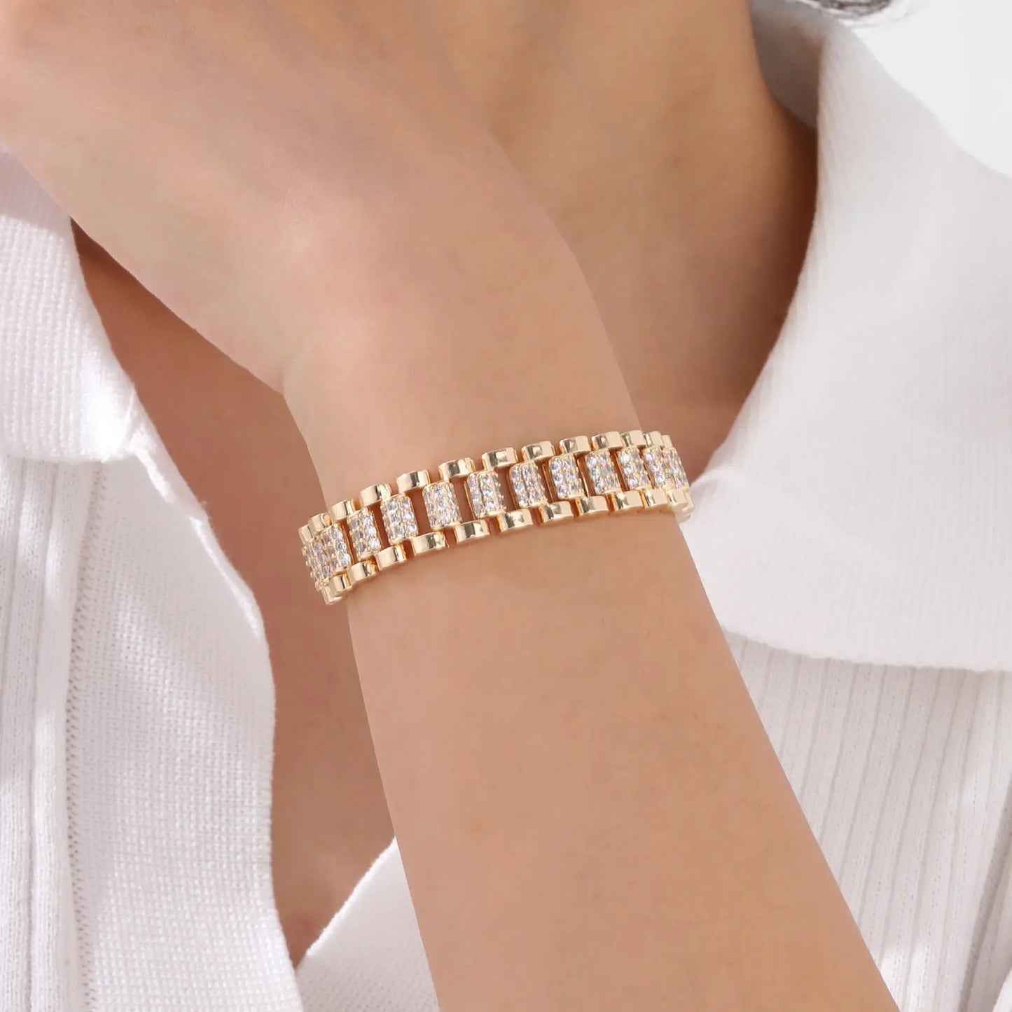 Bracelet 14K Gold Plated Cubic Zirconia Chunky Adjustable