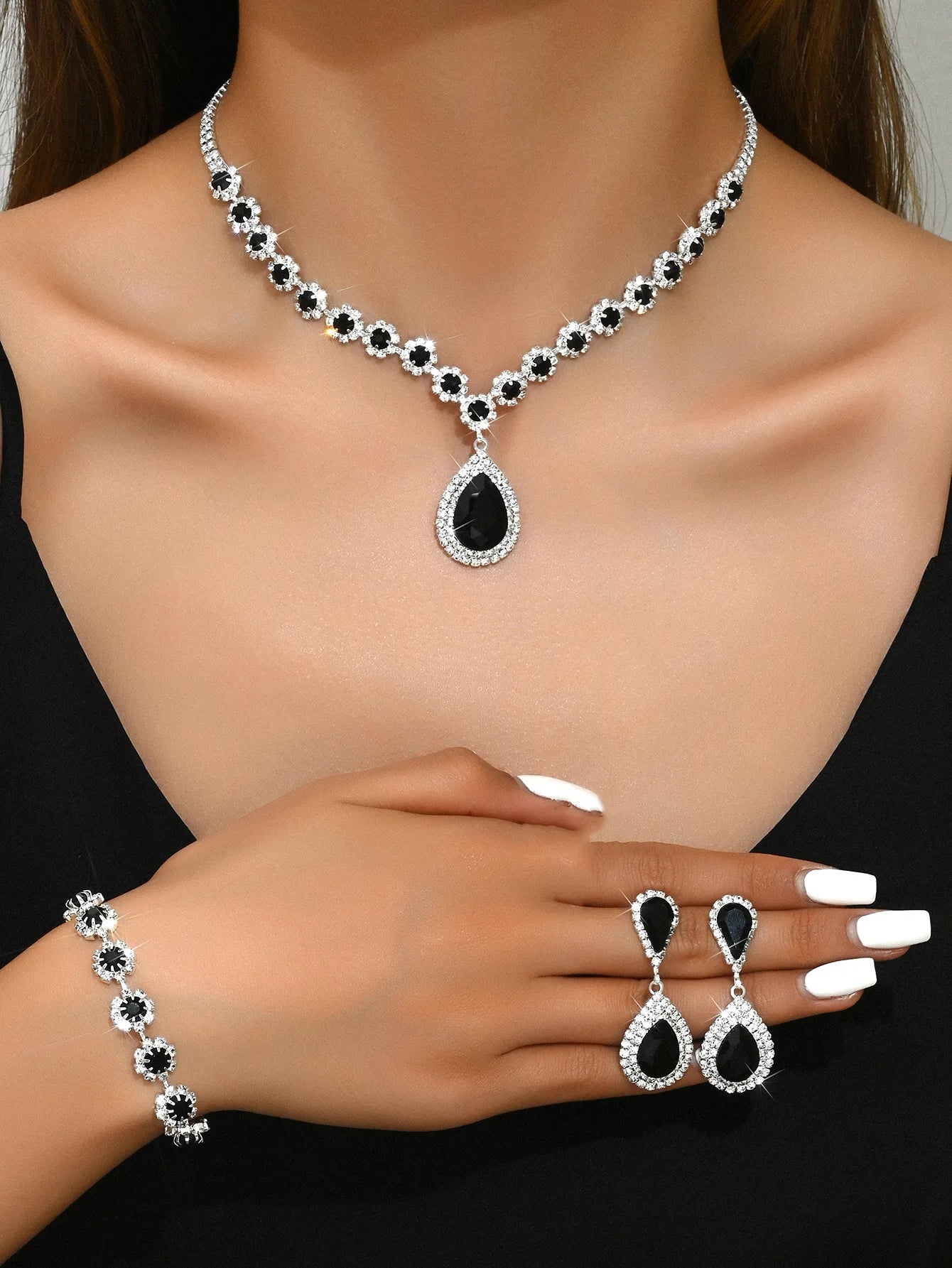 Minimalist Water drops Jewelry Set for Women Crystal Necklace Bracelet Earrings Set Gift Banquet Wedding Anniversary Accessories