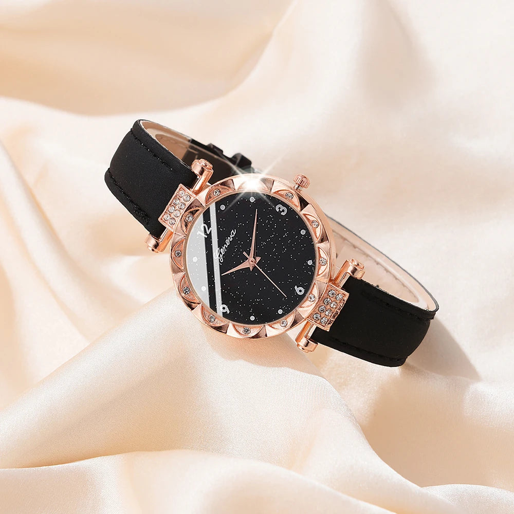 Zenat 5Pcs Set Luxury Rhinestone Watch Quartz Bracelet Set