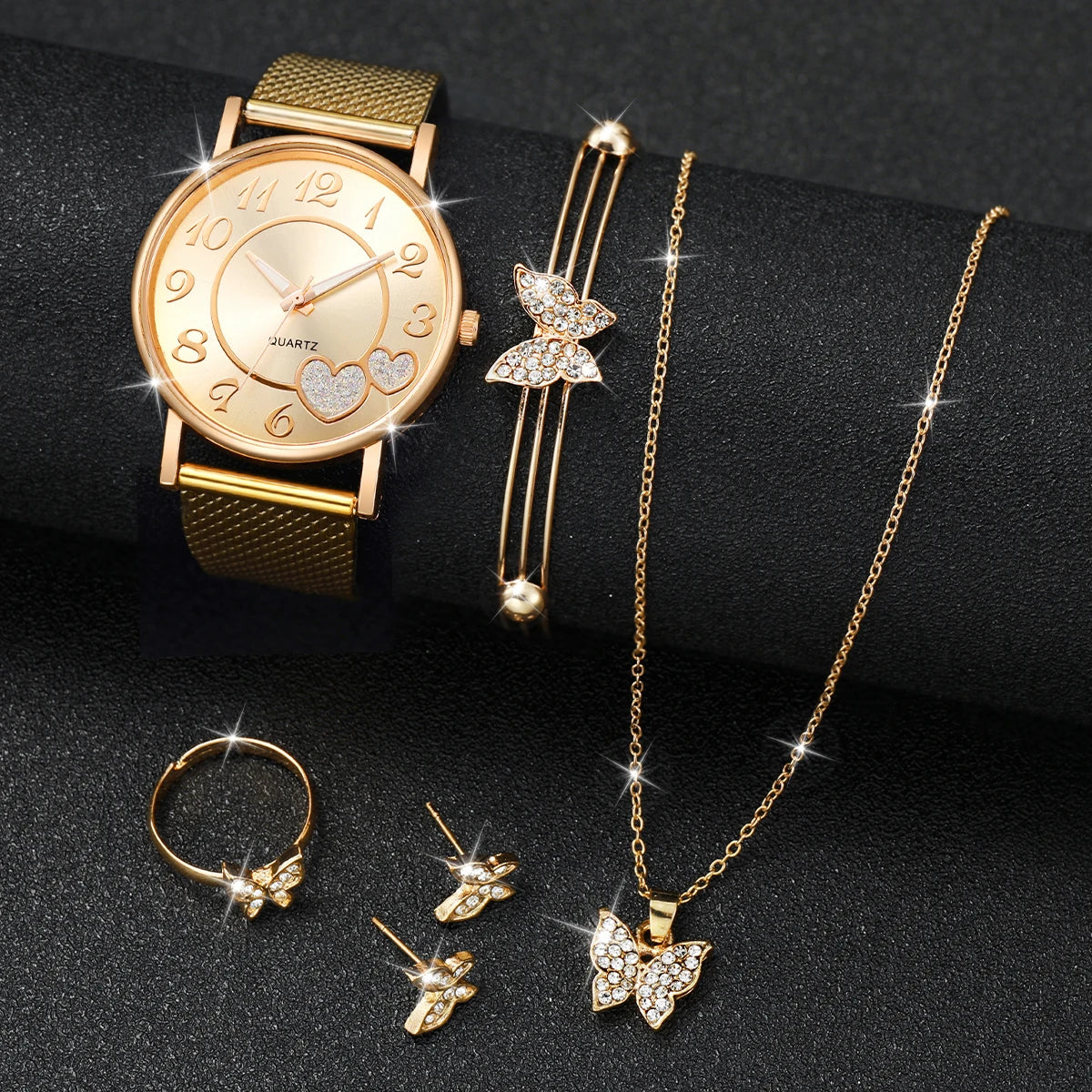Zenat Heart Band Watch Golden Quartz Butterfly Set