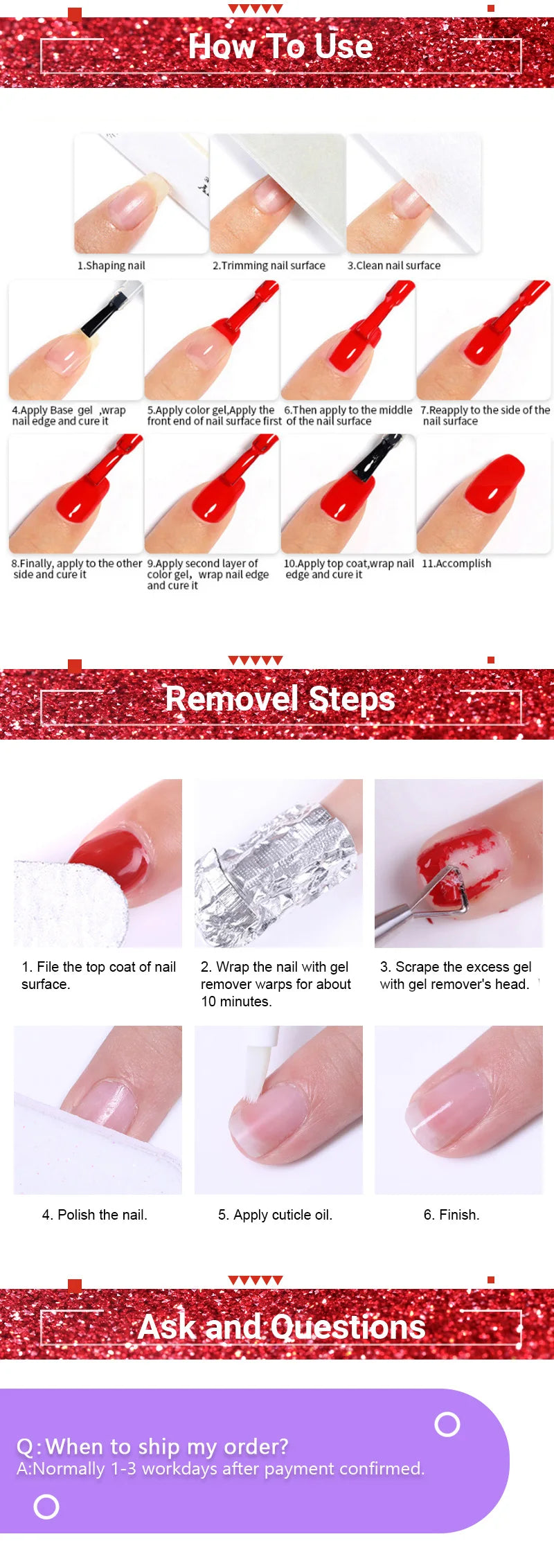 Zenat Bright Red Sparkling Glitter Gel Nail Polish