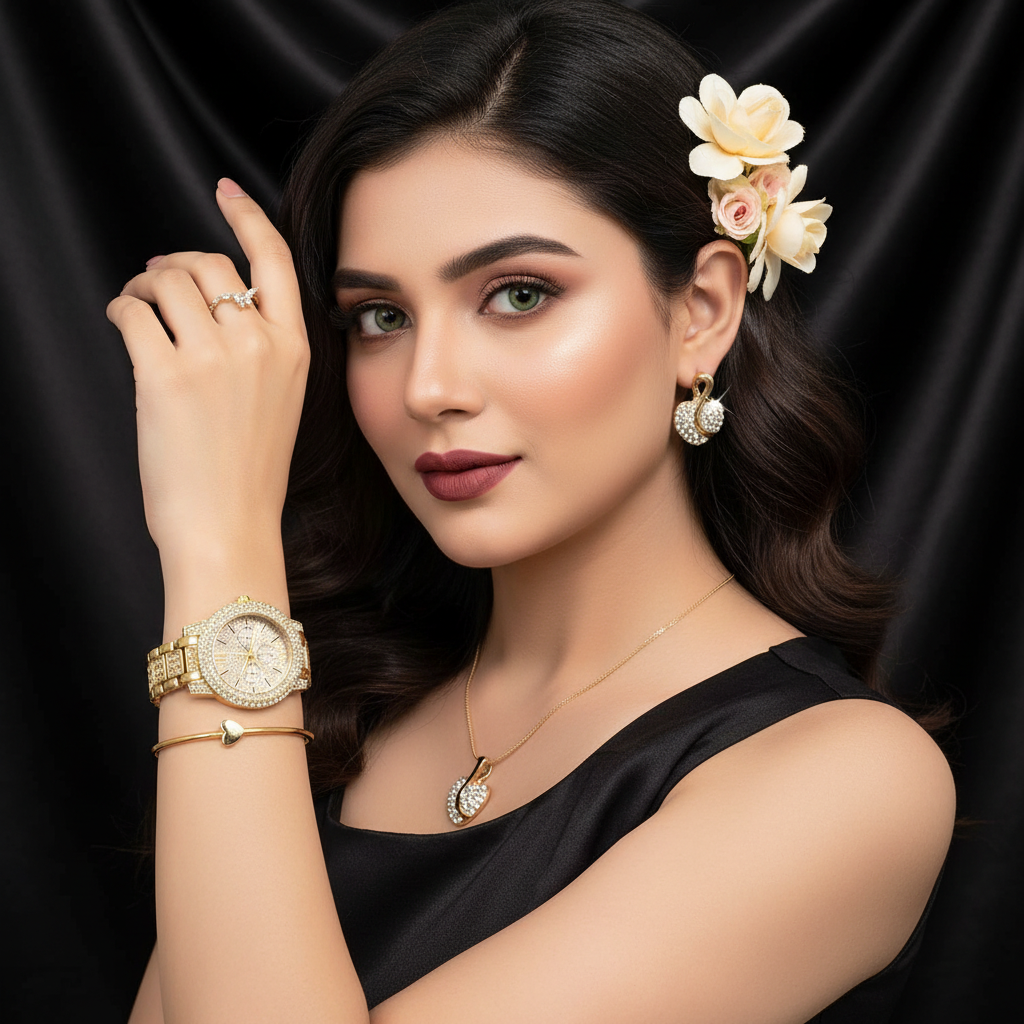 Zenat Quartz Watch Gold Luxury Ring Necklace Earring Set
