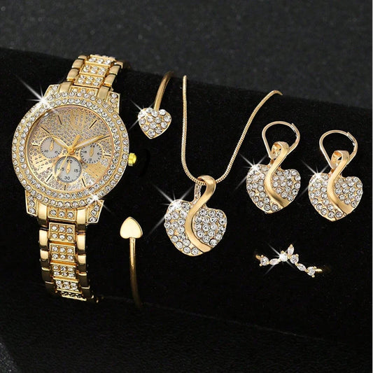 Zenat Quartz Watch Gold Luxury Ring Necklace Earring Set