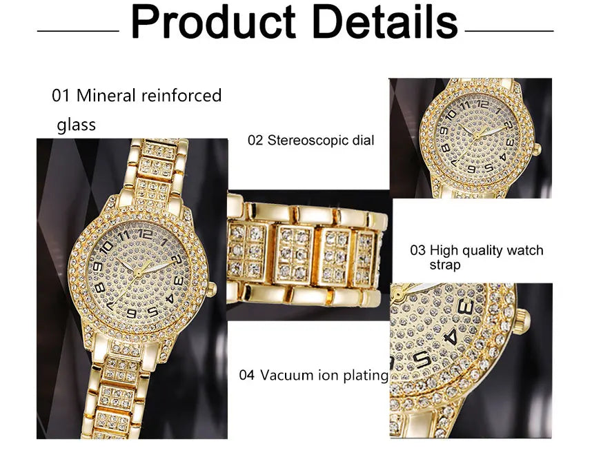 Zenat Quartz Watch Gold Luxury Ring Necklace Earring Set