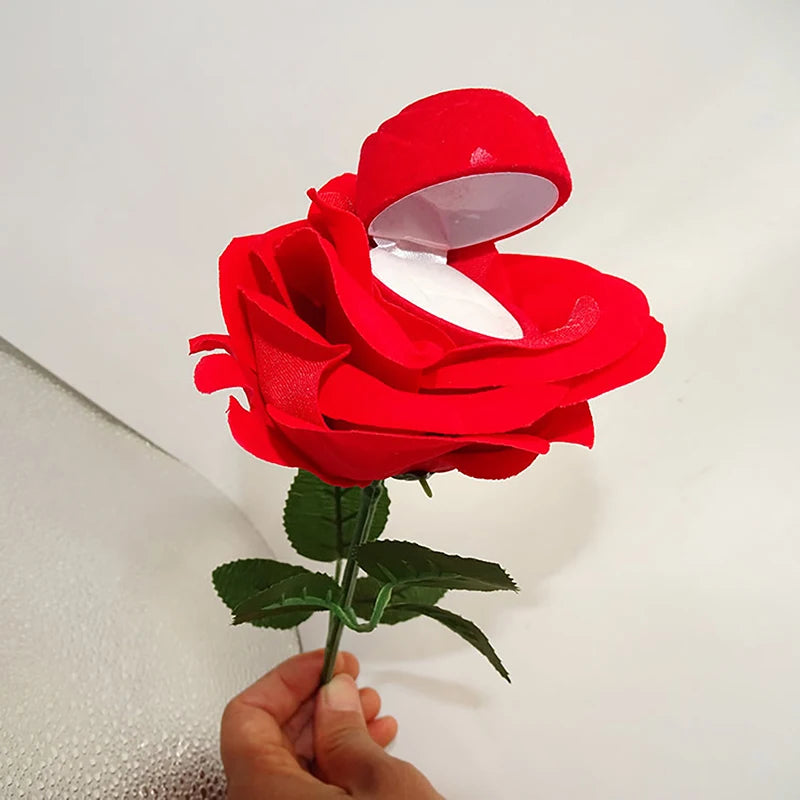 Unique Rose Flower Ring Boxes Red Velvet Rose Earring Gift Holder