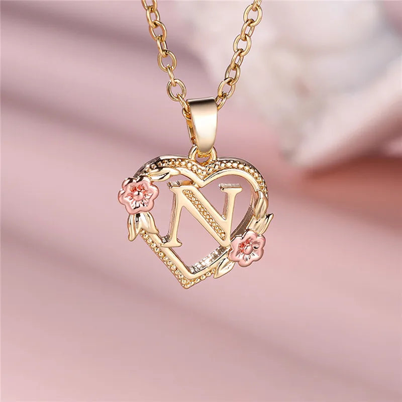 Zenat A-Z Letter Flower Gold Pendant Necklace