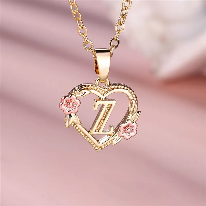Zenat A-Z Letter Flower Gold Pendant Necklace