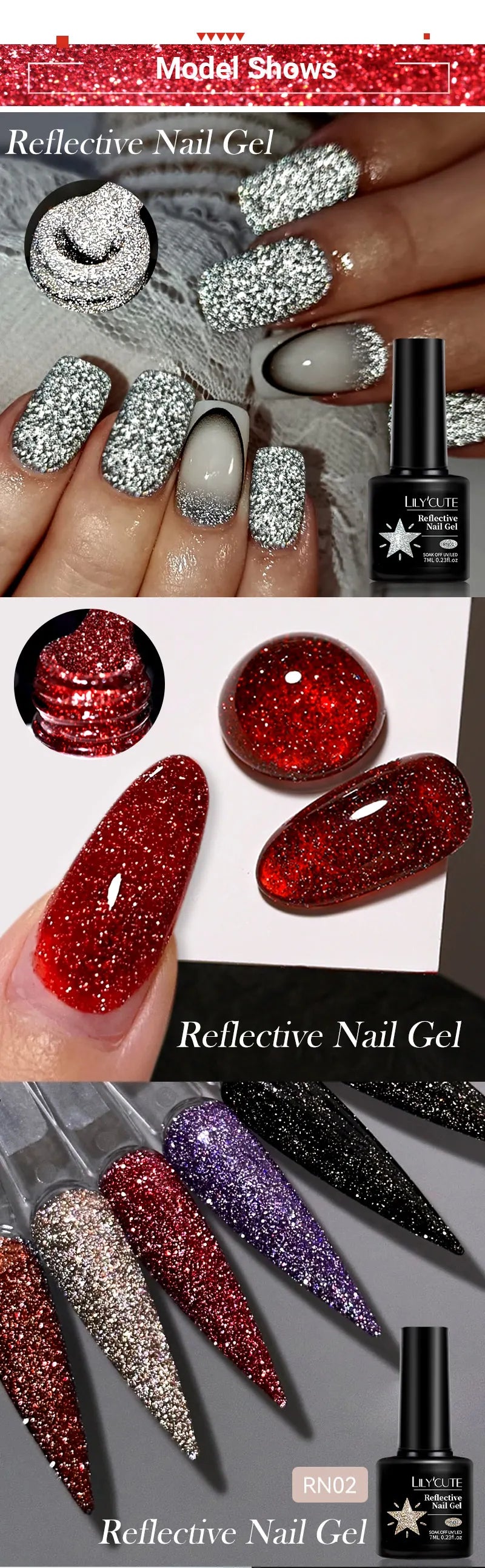 Zenat Bright Red Sparkling Glitter Gel Nail Polish