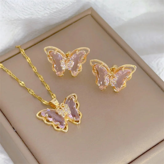Zenat Cute Micro-Inlaid Butterfly Necklace & Earrings Set
